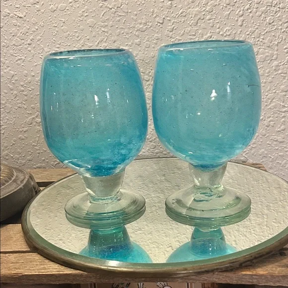 Set of Two Blue Blown Glass Goblets - Picture 1 of 11
